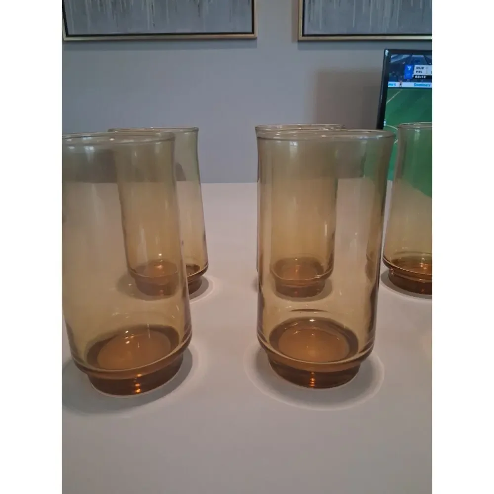 Set of 6 Vintage Libbey Bolero Gold Amber Glasses Tumblers MCM 1970s